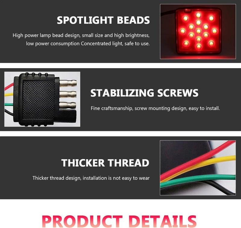 NYTKL 15 LED Brake Light Trailer Hitch Cover, Smoked Lens Square Brake Tail Light w/Trailer Adapter Pin, 12V Super Bright LED Towing Hitch Lighting Accessories Fit 2" Receiver (Red) - Image 3